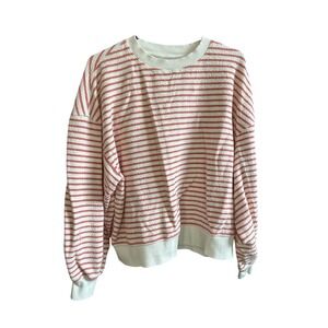Striped Textured Crewneck Sweatshirt Coral White Long Sleeve Pullover‎